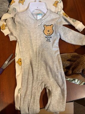 Disney Winnie the Pooh Gray Ribbed Baby Footed One-Piece